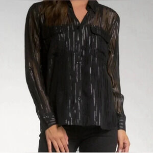 Elan Sheer Shimmer‎ Top Button Down Black Blouse Shimmer Accents, Size Small
